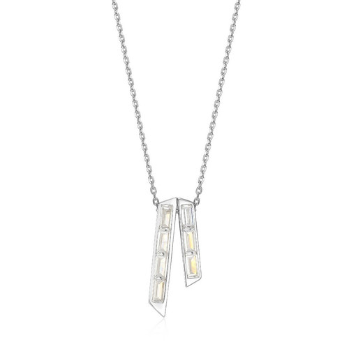 ELLE Rhodium-Plated Sterling Silver Cubic Zirconia Double Rectangular-Cut Drop Pendant Necklace - 5 × 2.5mm