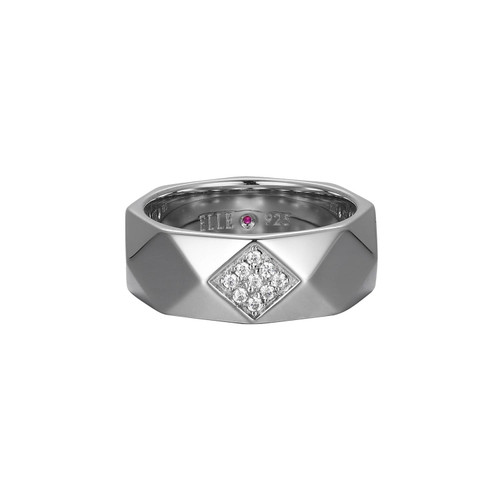 ELLE Rhodium-Plated Sterling Silver Cubic Zirconia Geometric-Signet Band Ring