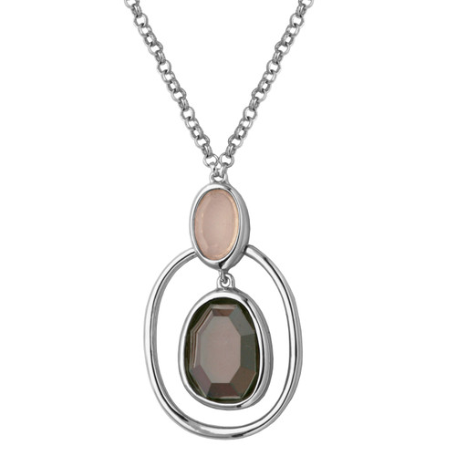 ELLE Rhodium-Plated Sterling Silver Rose Quartz & Cubic Zirconia Polished Necklace - 12 × 9mm
