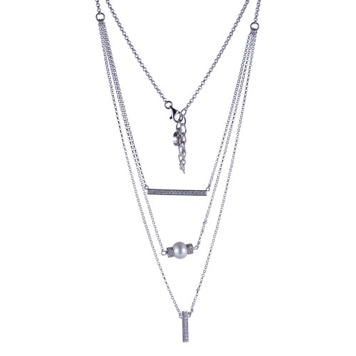 ELLE Rhodium-Plated Sterling Silver Cultured Freshwater Pearl & Cubic Zirconia Rolo-Chain Necklace - 16" + 2" extender