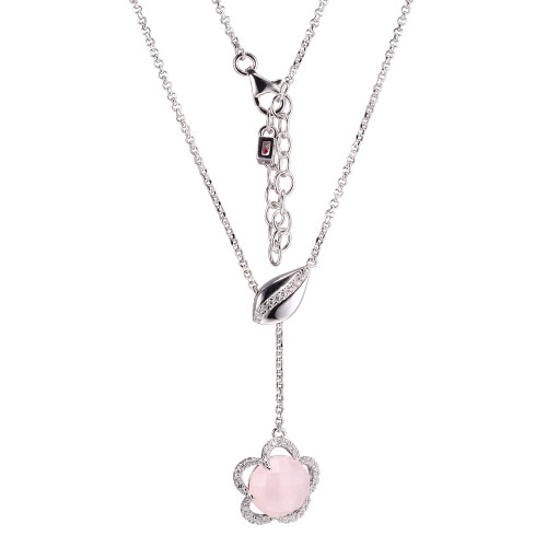ELLE Rhodium-Plated Sterling Silver Rose Quartz & Cubic Zirconia Floral Rolo-Chain Lariat Necklace - 18" + 2" extender