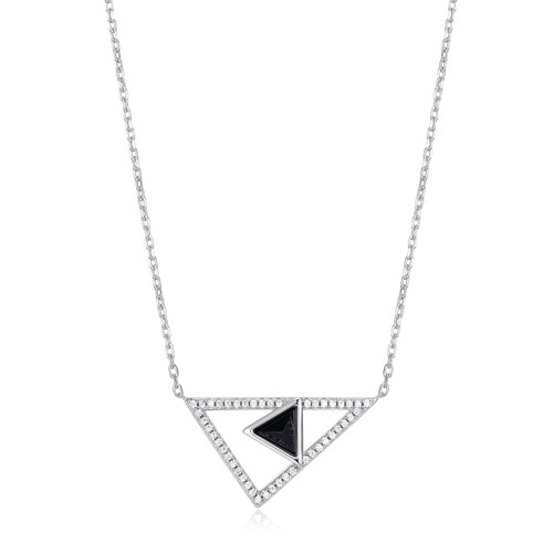 ELLE Rhodium-Plated Sterling Silver Black Agate & Cubic Zirconia Cross Pave Triangular Necklace - 6 × 3mm
