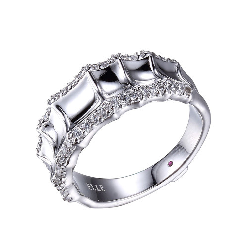ELLE Rhodium-Plated Sterling Silver Cubic Zirconia Segmented-Edge Ring