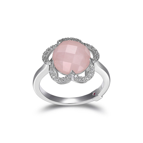 ELLE Rhodium-Plated Sterling Silver Rose Quartz & Cubic Zirconia Floral Ring