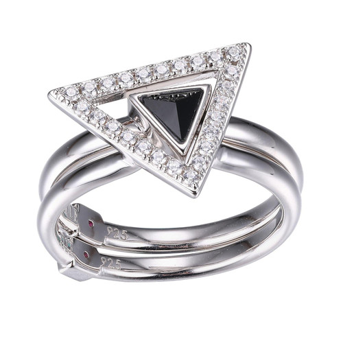 ELLE Rhodium-Plated Sterling Silver Black Agate & Cubic Zirconia Triangle-Signet Ring - 4 × 2mm