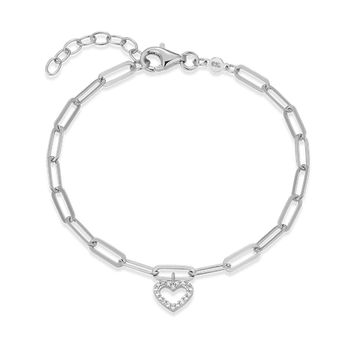 M by Monte Luna Rhodium-Plated Sterling Silver Open Heart Pendant Lab-Created Diamond Paperclip Bracelet