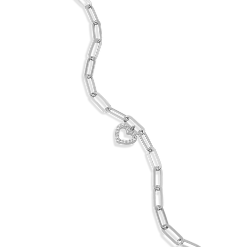 M by Monte Luna Rhodium-Plated Sterling Silver Open Heart Pendant Lab-Created Diamond Paperclip Bracelet