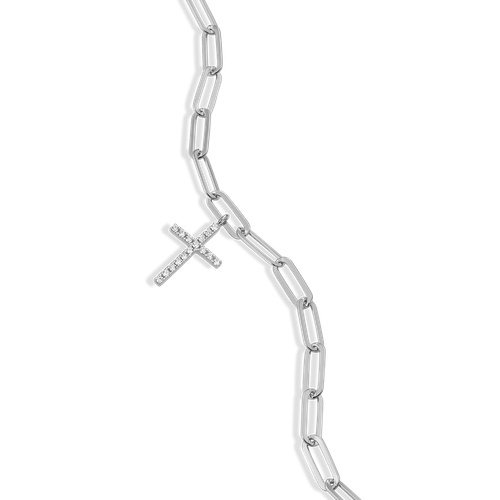 M by Monte Luna Rhodium-Plated Sterling Silver Cross Pendant Lab-Created Diamond Paperclip Bracelet