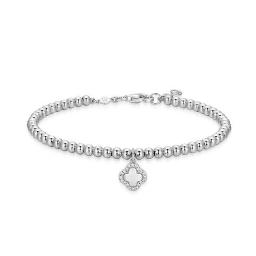 M by Monte Luna Rhodium-Plated Sterling Silver Clover with Lab-Created Diamond Halo Beaded Bracelet