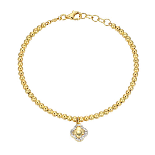 M by Monte Luna Gold-Plated Sterling Silver Clover with Lab-Created Diamond Halo Beaded Bracelet