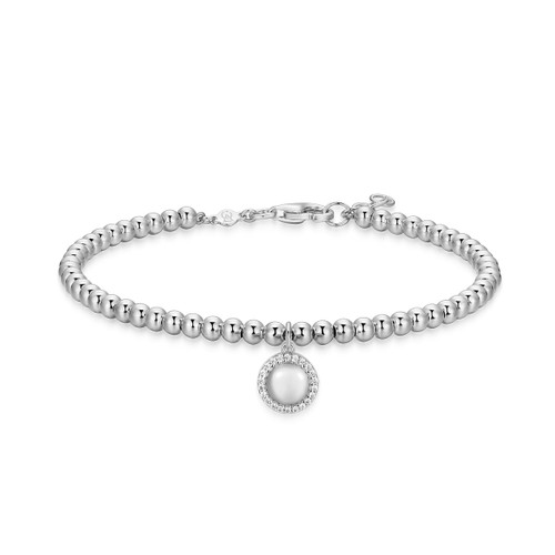 M by Monte Luna Rhodium-Plated Sterling Silver Circle with Lab-Created Diamond Halo Beaded Bracelet