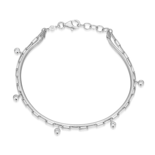M by Monte Luna Rhodium-Plated Sterling Silver Lab-Created Diamond Dangling Station Double Chain Bracelet