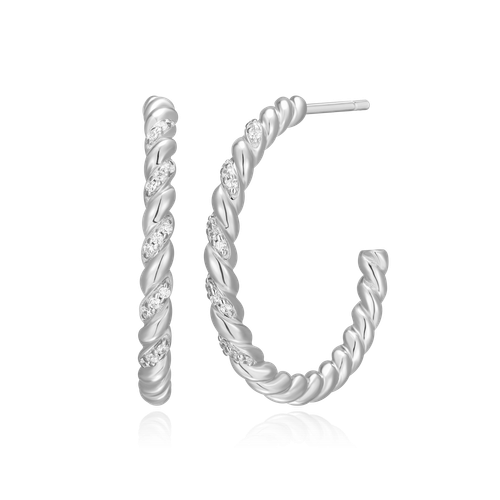 M by Monte Luna Rhodium-Plated Sterling Silver Lab-Created Diamond Twist J-Hoop Stud Earrings