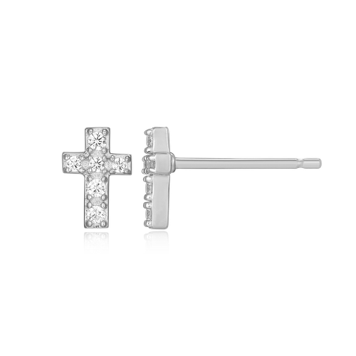 M by Monte Luna Rhodium-Plated Sterling Silver Pave Cross Lab-Created Diamond Stud Earrings