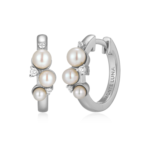 M by Monte Luna Rhodium-Plated Sterling Silver Scattered Cultured Freshwater Pearl & Lab-Created Diamond Huggie Earrings