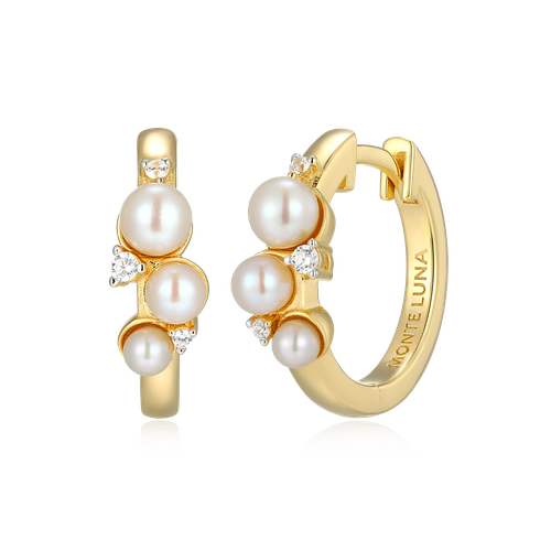 M by Monte Luna Two-tone Sterling Silver Scattered Cultured Freshwater Pearl & Lab-Created Diamond Huggie Earrings