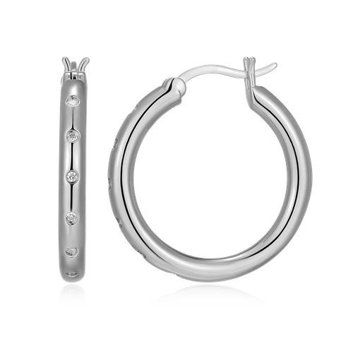 M by Monte Luna Rhodium-Plated Sterling Silver Slim Bezel-Set Lab-Created Diamond Hoop Earrings