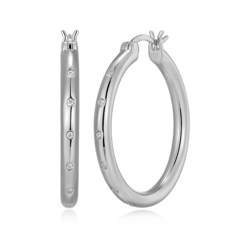 M by Monte Luna Rhodium-Plated Sterling Silver Scattered Bezel-Set Lab-Created Diamond Hoop Earrings