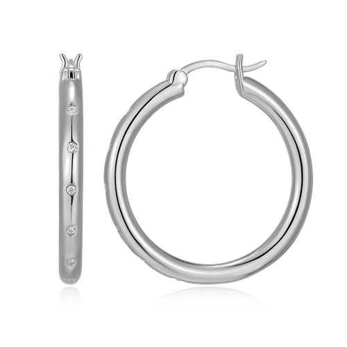 M by Monte Luna Rhodium-Plated Sterling Silver Scattered Bezel-Set Lab-Created Diamond Hoop Earrings