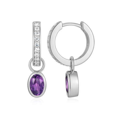 M by Monte Luna Rhodium-Plated Sterling Silver Amethyst & Lab-Created Diamond February Birthstone Charm Huggie Earrings