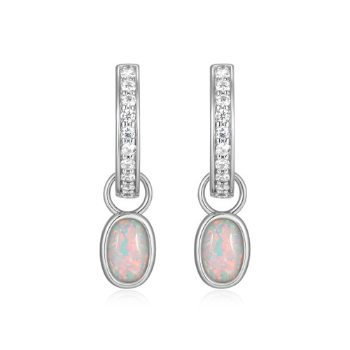 M by Monte Luna Rhodium-Plated Sterling Silver Lab-Created Opal & Lab-Created Diamond October Birthstone Charm Huggie Earrings