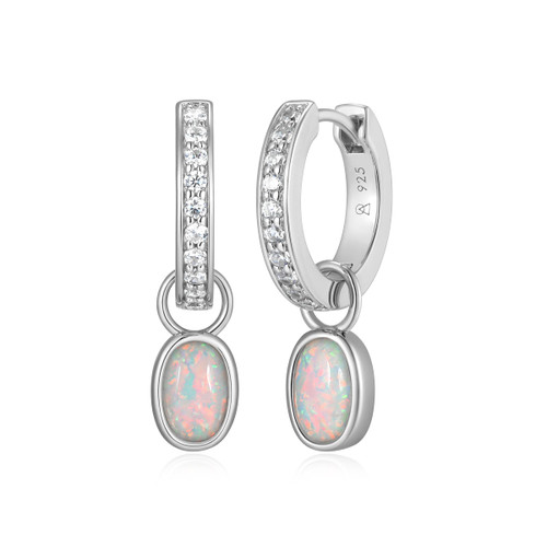 M by Monte Luna Rhodium-Plated Sterling Silver Lab-Created Opal & Lab-Created Diamond October Birthstone Charm Huggie Earrings