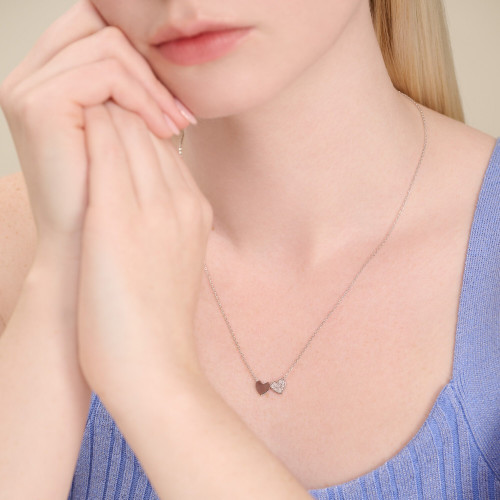 M by Monte Luna Rhodium-Plated Sterling Silver Lab-Created Diamond Twin Heart Necklace