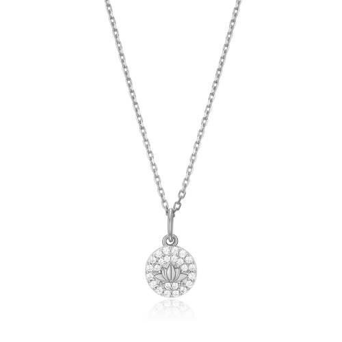 M by Monte Luna Rhodium-Plated Sterling Silver Lab-Created Diamond Lotus Tag Pendant Necklace