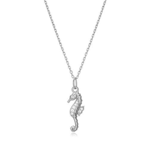 M by Monte Luna Rhodium-Plated Sterling Silver Lab-Created Diamond Seahorse Pendant Necklace