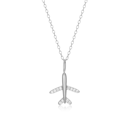 M by Monte Luna Rhodium-Plated Sterling Silver Lab-Created Diamond Airplane Pendant Necklace