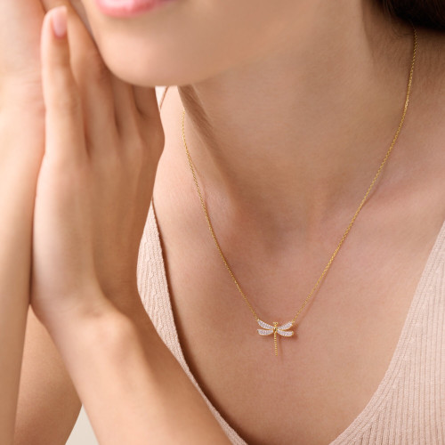 M by Monte Luna Gold-Plated Sterling Silver Dragonfly Lab-Created Diamond Pave Pendant Necklace