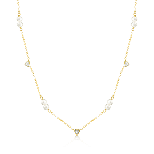 M by Monte Luna Gold-Plated Sterling Silver Lab-Created Diamond Hearts & Cultured Freshwater Pearl Station Necklace