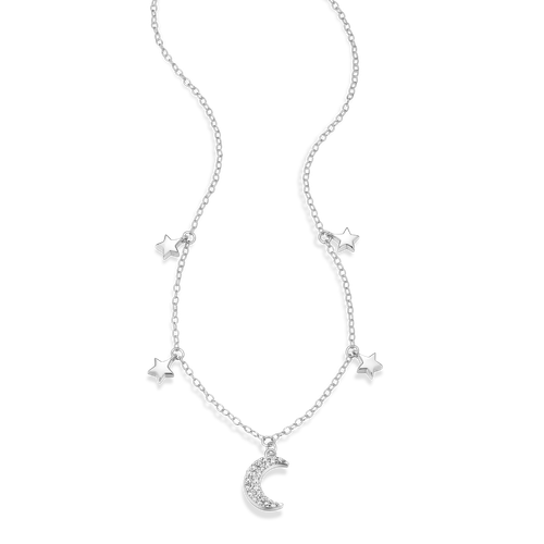 M by Monte Luna Rhodium-Plated Sterling Silver Lab-Created Diamond Dangling Moon & Stars Necklace