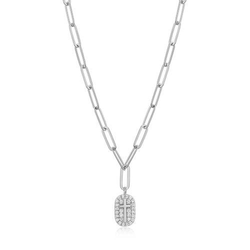 M by Monte Luna Rhodium-Plated Sterling Silver Cross Tag Pendant Lab-Created Diamond Paperclip Necklace