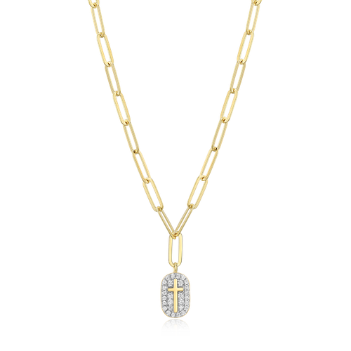 M by Monte Luna Two-tone Sterling Silver Cross Tag Pendant Lab-Created Diamond Paperclip Necklace