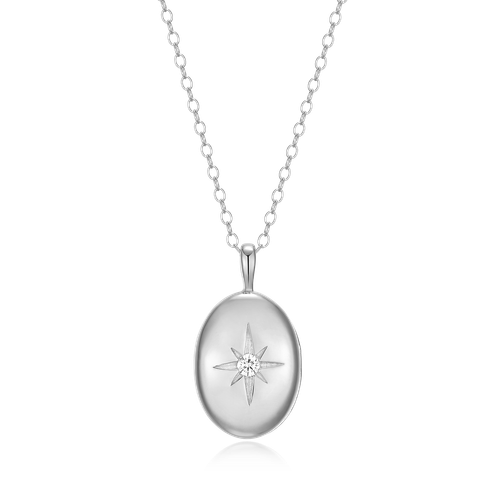 M by Monte Luna Rhodium-Plated Sterling Silver North Star Locket Lab-Created Diamond Pendant Necklace