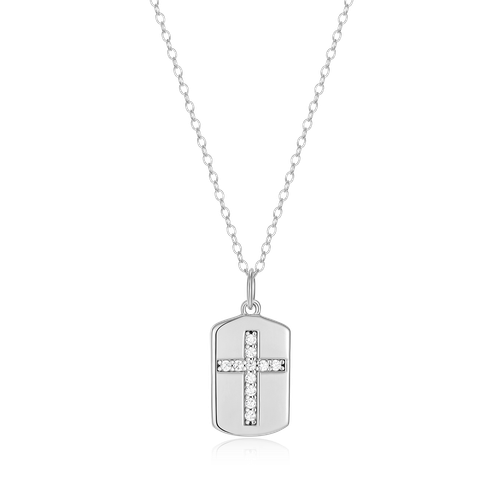 M by Monte Luna Rhodium-Plated Sterling Silver Cross Tag Lab-Created Diamond Pendant Necklace