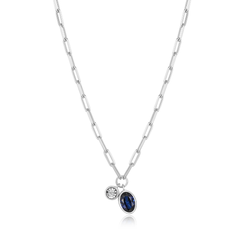 M by Monte Luna Rhodium-Plated Sterling Silver September Birthstone Lab-Created Sapphire & Lab-Created Diamond Mini Paperclip Necklace