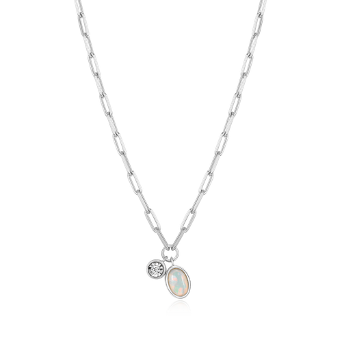 M by Monte Luna Rhodium-Plated Sterling Silver October Birthstone Lab-Created Opal & Lab-Created Diamond Mini Paperclip Necklace