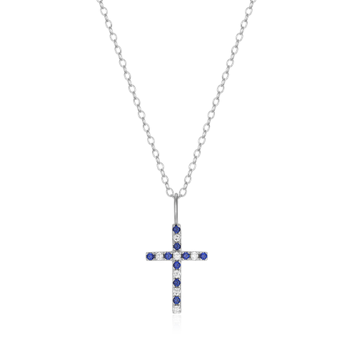 M by Monte Luna Rhodium-Plated Sterling Silver Cross Lab-Created Blue Sapphire & Lab-Created Diamond Pendant Necklace