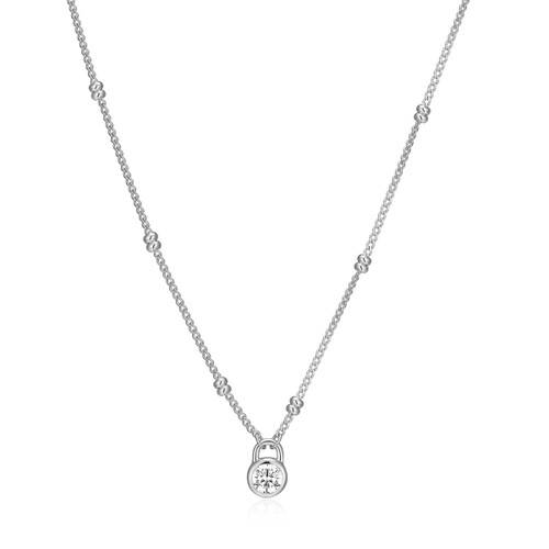 M by Monte Luna Rhodium-Plated Sterling Silver Lab-Created Diamond Lock Pendant Double Beaded Curb Chain Necklace