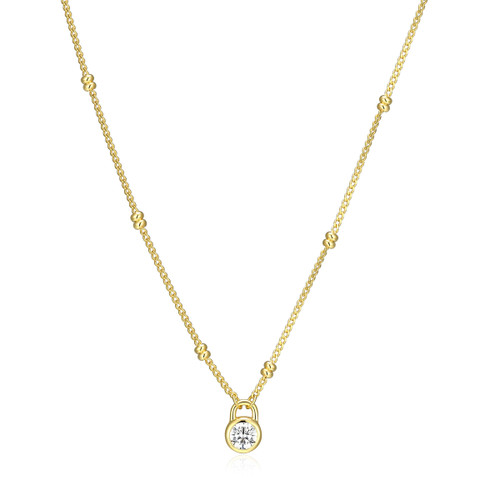 M by Monte Luna Gold-Plated Sterling Silver Lab-Created Diamond Lock Pendant Double Beaded Curb Chain Necklace