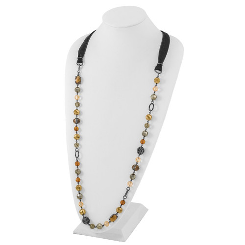 1928 Jewelry Black-Plated Textured and Faceted Multicolor Glass Beads in Brown and Hematite Shades 42 Inch Black Velour Cord Necklace - View 2