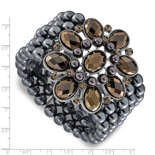 1928 Jewelry Wide Black-Plated Floral Frame with Jet Black and Hematite Faceted Acrylic Beads and Round Black Smooth Bead Five Row Stretch Bracelet - View 2