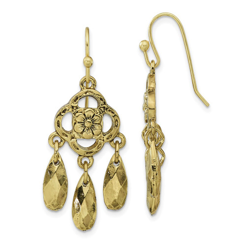 1928 Jewelry Brass-Tone Flower and Faceted Teardrop Dangle French Wire Earrings, 40 mm