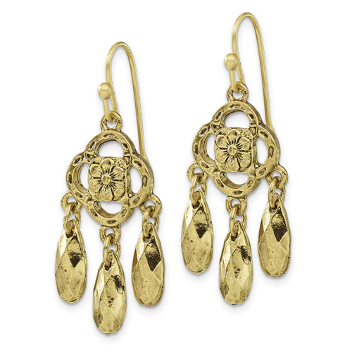 1928 Jewelry Brass-Tone Flower and Faceted Teardrop Dangle French Wire Earrings, 40 mm - View 2