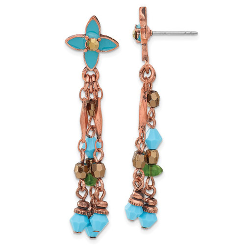 1928 Jewelry Copper-Tone Link Teal Enamel Flower and Teal Green and Brown Acrylic Beads Dangle Earrings, 56 mm