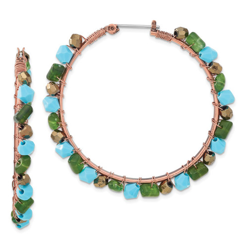 1928 Jewelry Copper-Tone Green Teal and Brown Faceted Acrylic Bead Hoop Earrings, 47 mm
