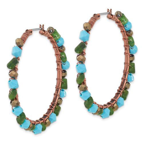 1928 Jewelry Copper-Tone Green Teal and Brown Faceted Acrylic Bead Hoop Earrings, 47 mm - View 2