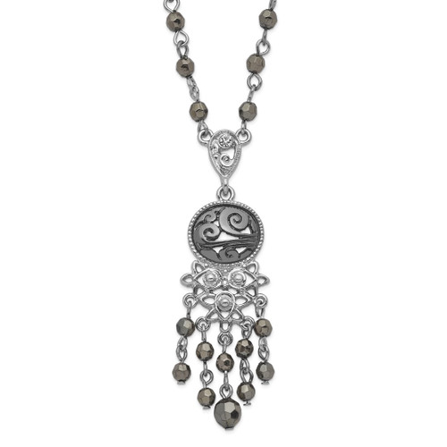 1928 Jewelry Silver-Tone and Black-Plated Filigree Clear and Hematite Faceted Acrylic Beads 16 Inch Necklace with 3 Inch Extension